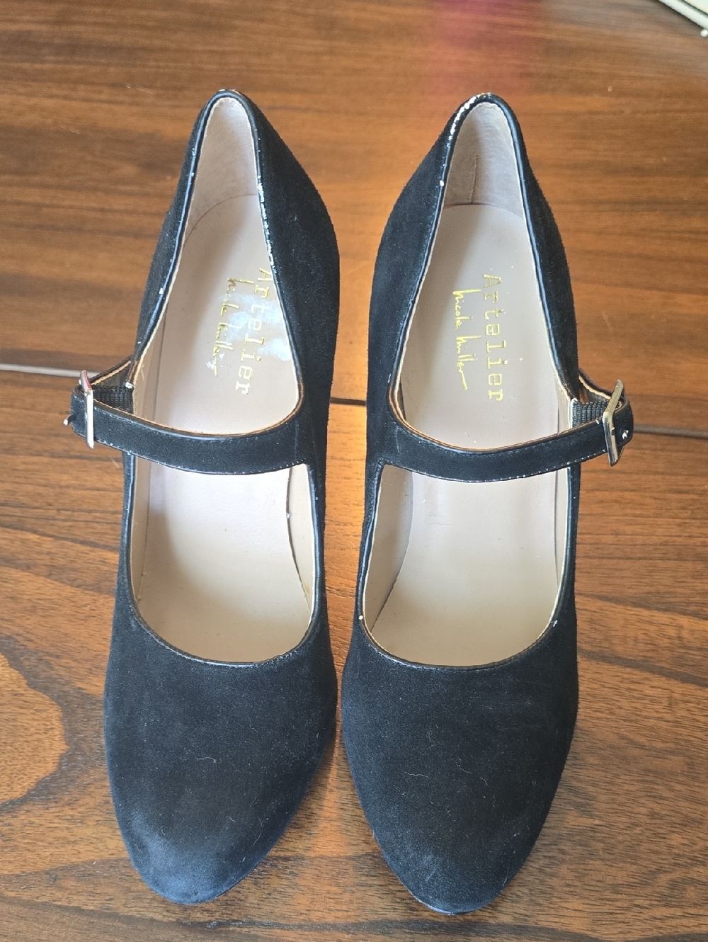 Atelier Black Suede Mary Jane Heels with Buckle